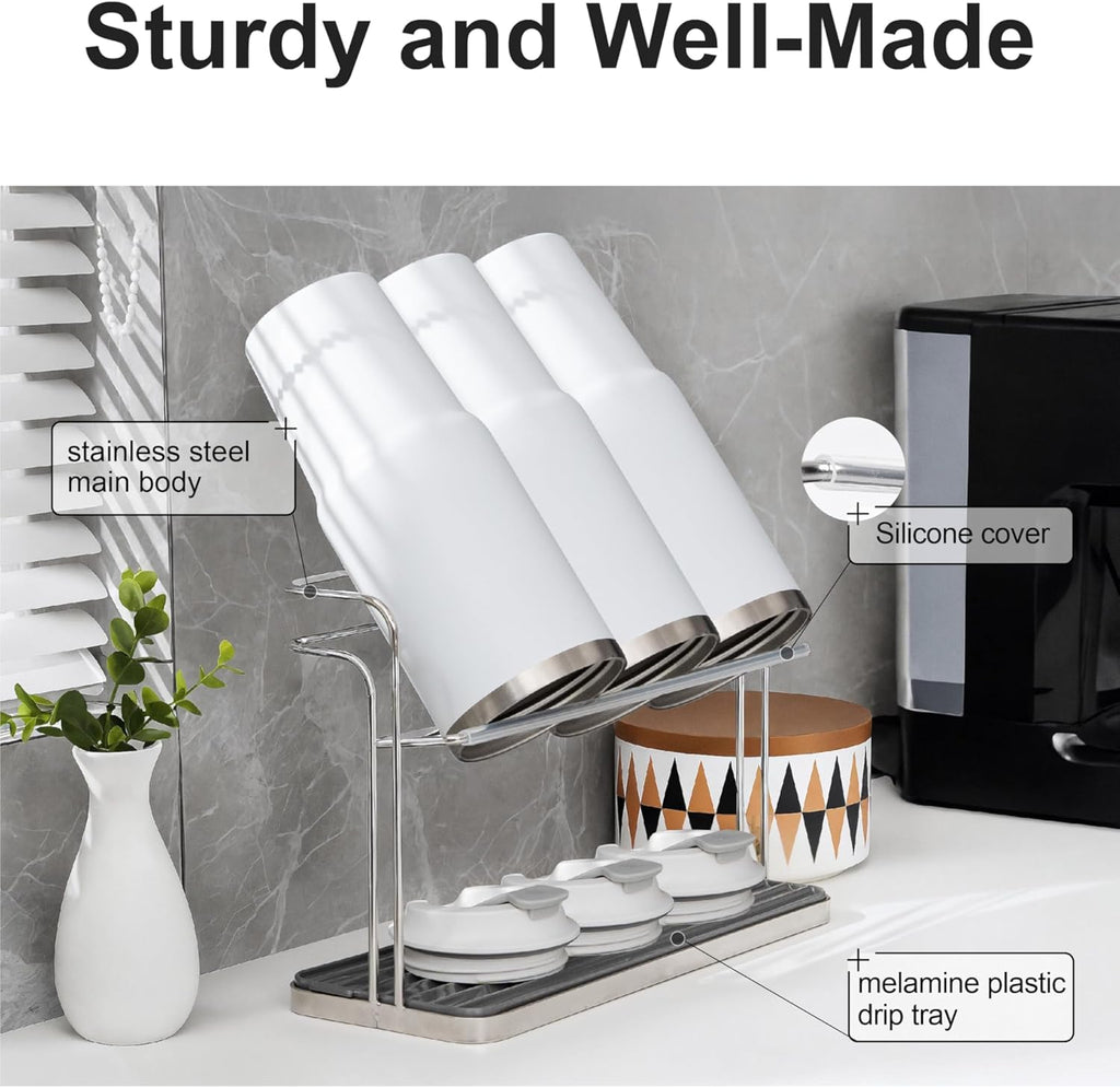 Stainless Steel Cup & Water Bottle Drying Rack with Removable Drip Tray, 2-Tier Space-Saving Mug Holder for Kitchen Countertop, Durable Rust-Resistant Cup Organizer for Coffee Mugs, Glasses, Tumblers