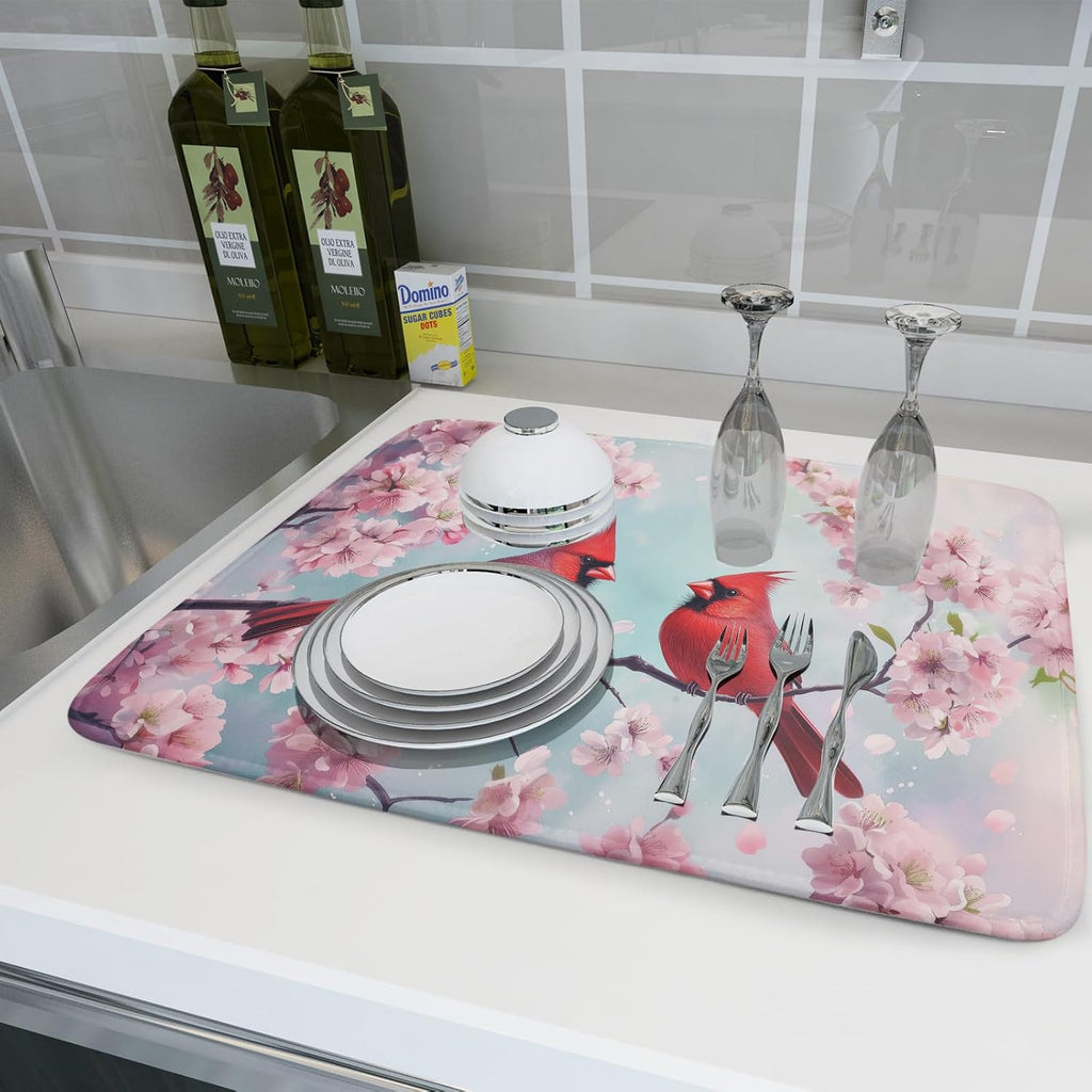 Giwawa Spring Birds Dish Drying Mat, Cherry Blossom Red Birds Dish Drainer Mats for Kitchen Countertop, Watercolor Floral Absorbent Reversible Dish Drying Pad Decor, 18x24inches, Large