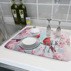 Giwawa Spring Birds Dish Drying Mat, Cherry Blossom Red Birds Dish Drainer Mats for Kitchen Countertop, Watercolor Floral Absorbent Reversible Dish Drying Pad Decor, 18x24inches, Large