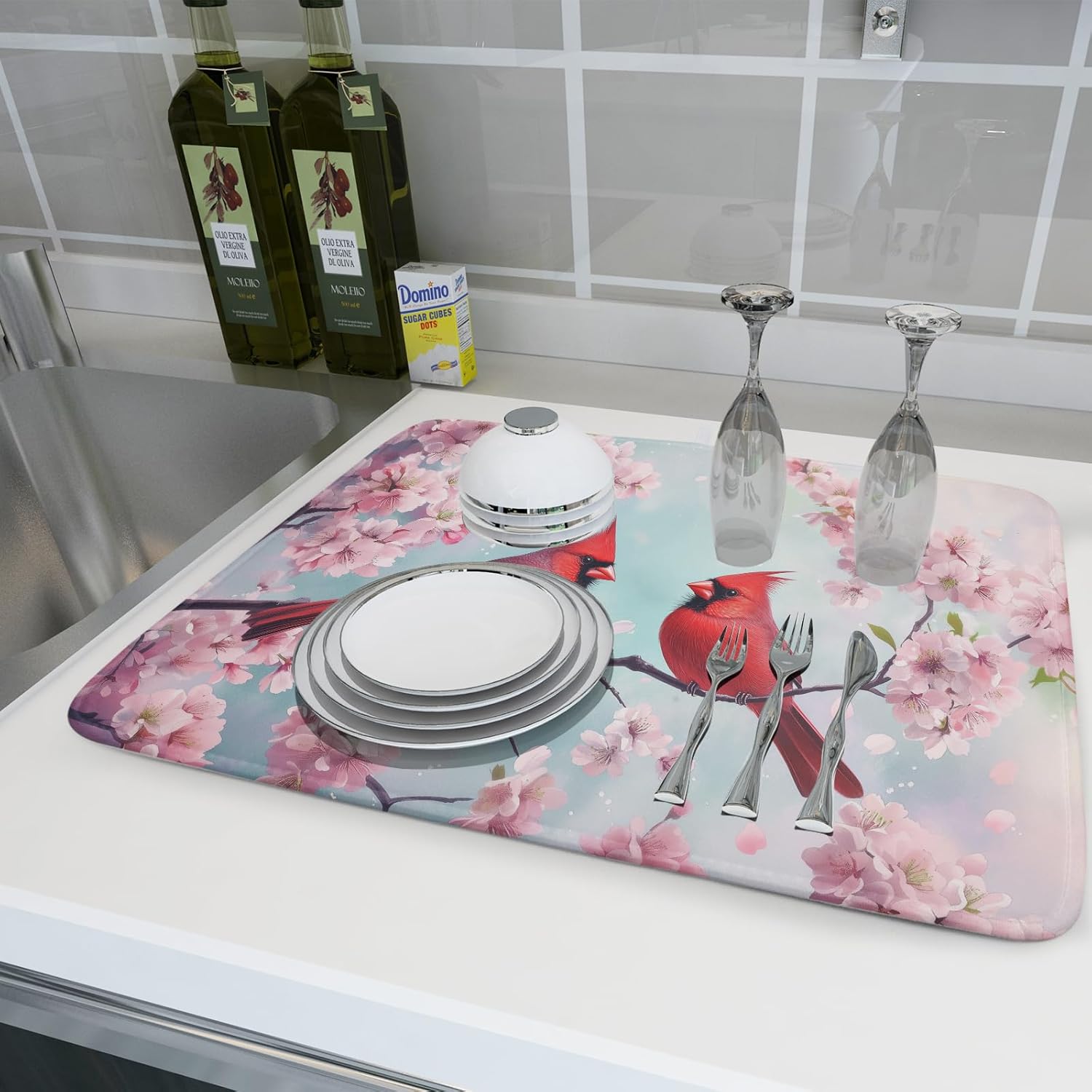 Giwawa Spring Birds Dish Drying Mat, Cherry Blossom Red Birds Dish Drainer Mats for Kitchen Countertop, Watercolor Floral Absorbent Reversible Dish Drying Pad Decor, 18x24inches, Large