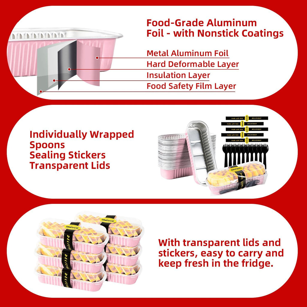 30 Pack Pink Disposable Rectangular Aluminum Foil Loaf Pans with Lids,6.8oz Mini Cake Pans for Baking, Loaf Baking Pans, Small Cake Container