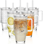 KEMORELA 6-Pack 24oz Glass Tumblers with Straws & Lids, Begonia Floral Iced Coffee Cups with Handles, Reusable Smoothie Glasses, Dishwasher Safe Cold Drinkware Set, BPA-Free Straws Included