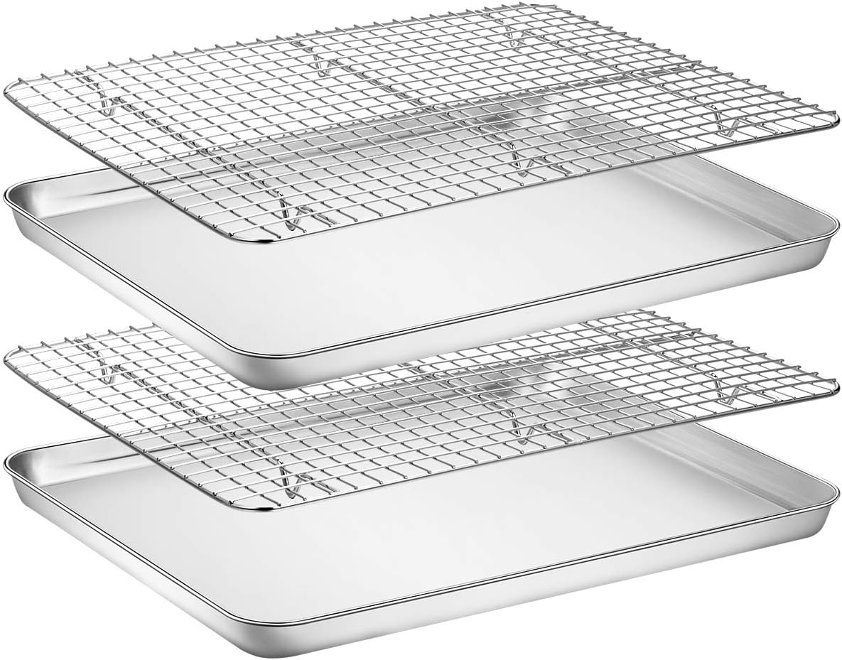 Baking Sheet with Rack Set [2 Pans + 2 Racks], Wildone Stainless Steel Cookie Sheet Baking Pan Tray with Cooling Rack, Size 16 x 12 x 1 Inch, Non Toxic & Heavy Duty & Easy Clean