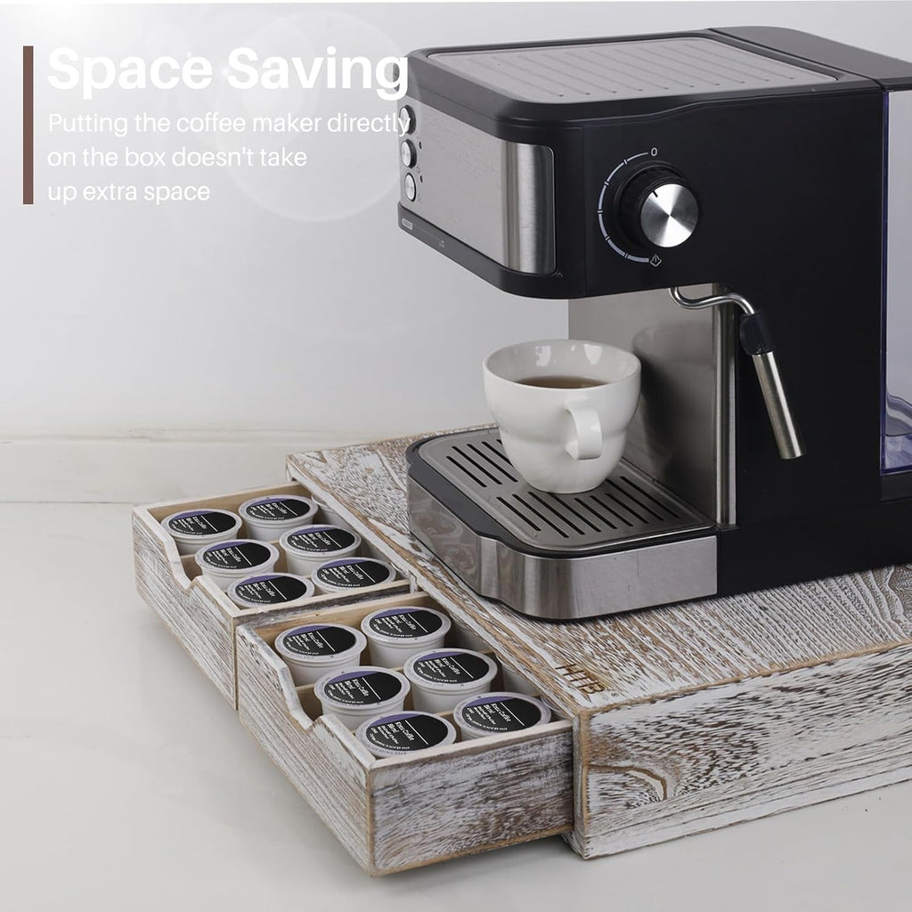 HTB K Cup Holder Compatible with K Cups, Coffee Pod Holder Holds Up 30 Cups, K Cup Organizer Storage Drawer Wood K Cup Drawer Vintage White