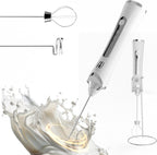 Rechargeable Handheld Milk Frother - Electric Foam Maker - Portable Coffee Frother Wand with 2 Heads - Stainless Steel Electric Whisk for Coffee, Latte, Cappuccino, Macchiato, Hot Chocolate (White)