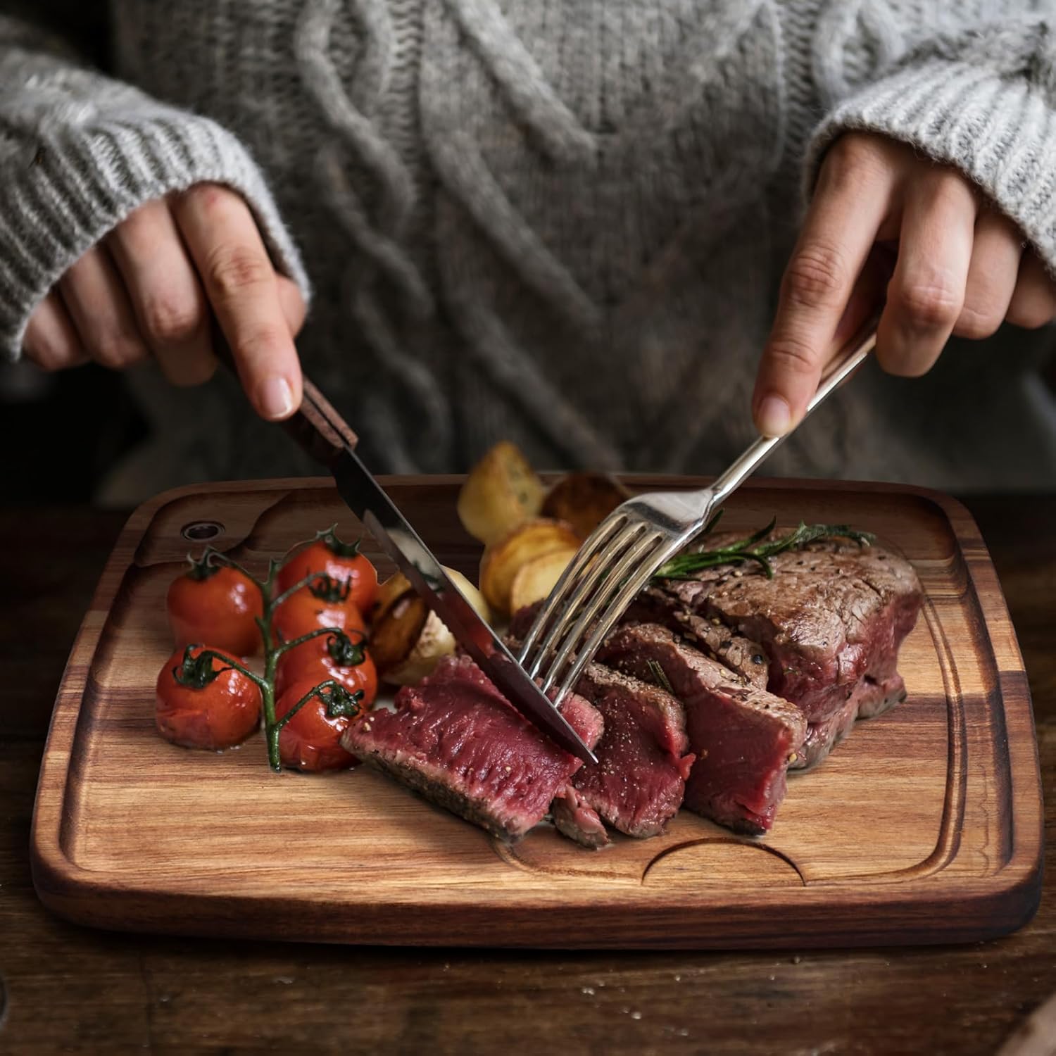 Uiifan 10 Pcs Steak Plates with Juice Channel Wooden Steak Board Set Acacia Cutting Serving Board for Home Serving Eating Meat Dishes Snack Dessert, 13 x 11 x 0.6 Inch