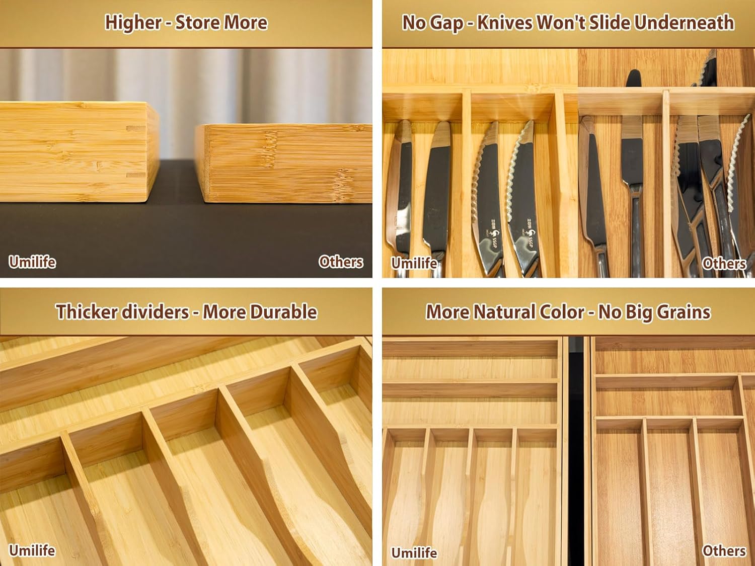 Umilife Large Expandable Kitchen Silverware Utensils Drawer Organizer, 2.5" Extra High Adjustable Drawer Divider with Curved Grooves, Bamboo Wood Cutlery Tray Flatware Holder