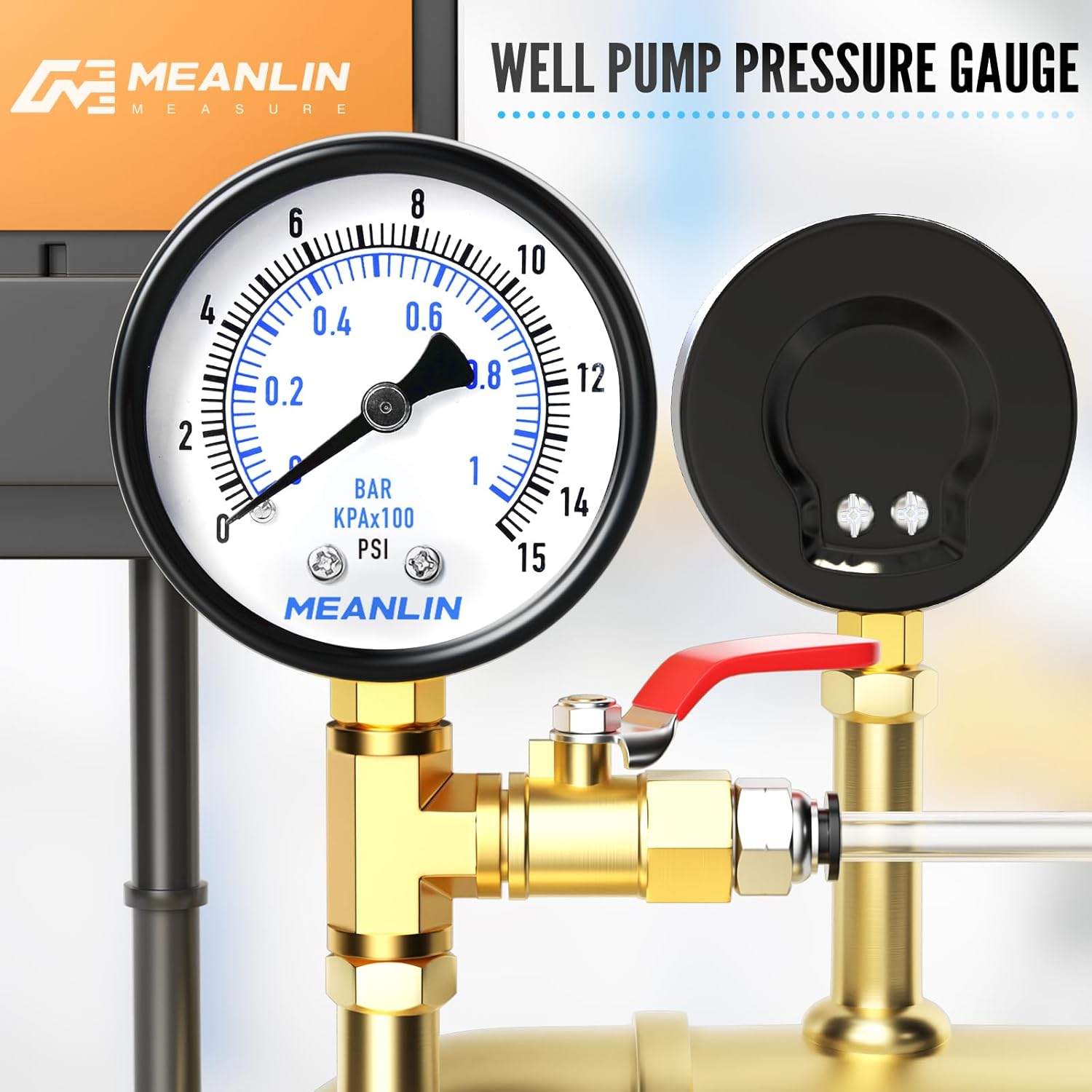 MEANLIN MEASURE 0-15Psi Well Pump Pressure Gauge 1/4" NPT 2" FACE DIAL for Water Oil Air Well Pump Tank Tire Pressure Test Lower Mount, with Teflon Tape