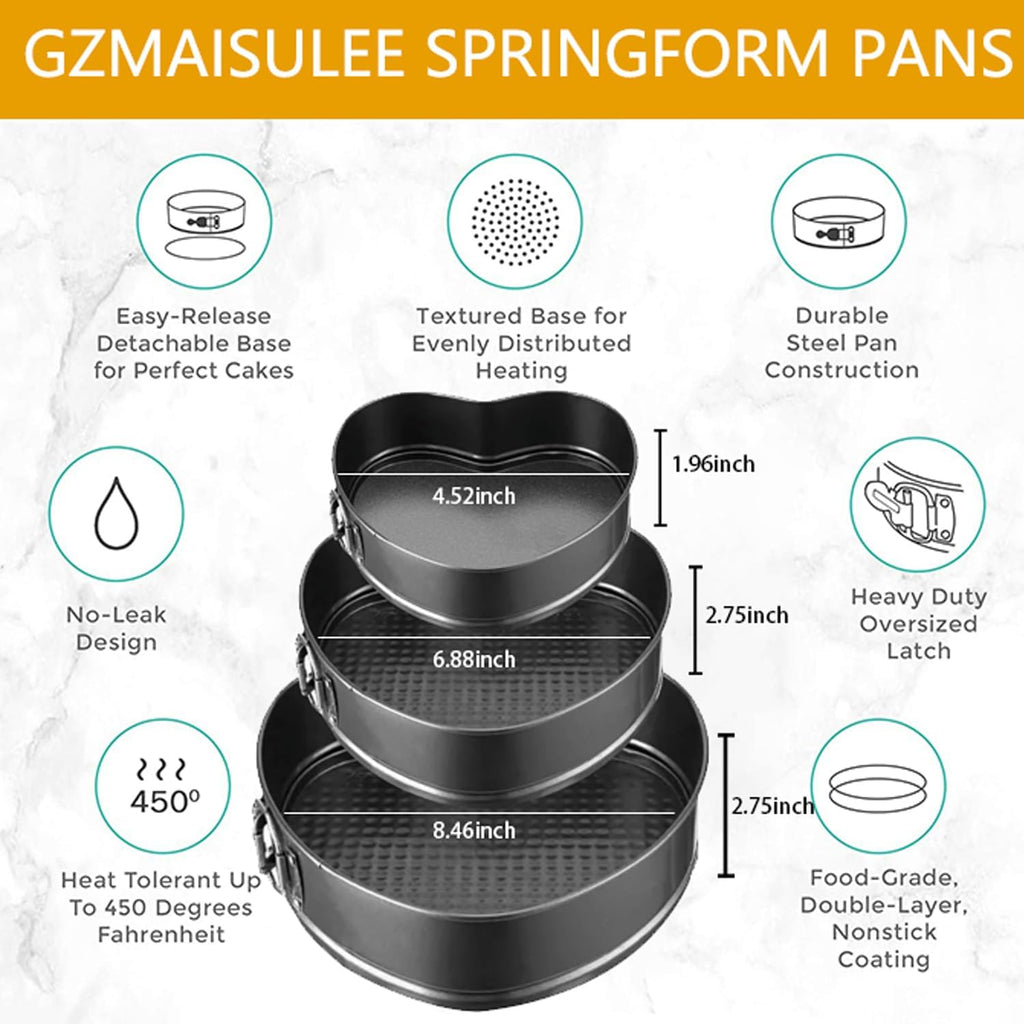 Springform Cake Pan Set of 3 (4, 7, 9 Inch) Heart Leakproof Nonstick Cheesecake Pans with Removable Bottom Carbon Steel Bakeware