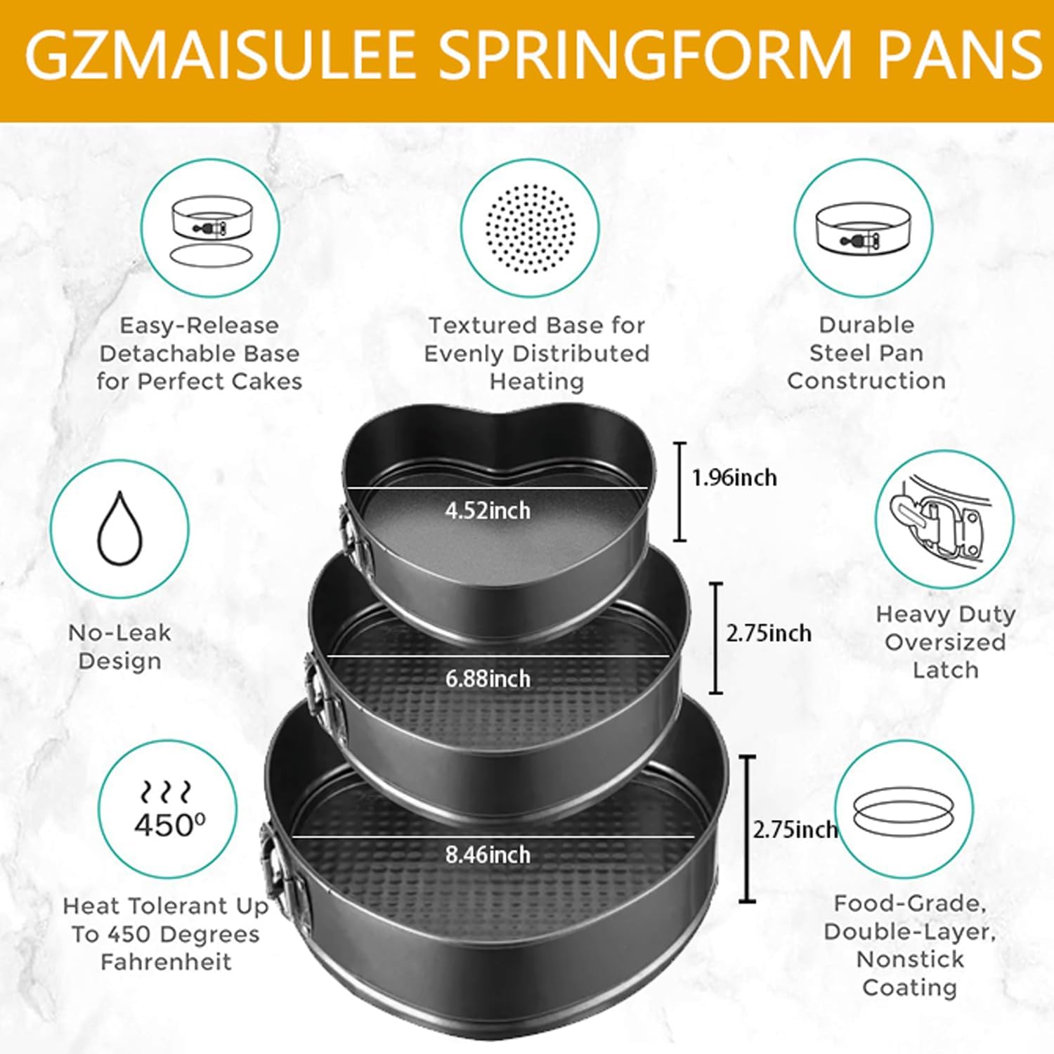 Springform Cake Pan Set of 3 (4, 7, 9 Inch) Heart Leakproof Nonstick Cheesecake Pans with Removable Bottom Carbon Steel Bakeware