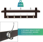 SMIBUY Coat Hooks with Shelf Wall-Mounted, 29.2 Inch Entryway Coat Rack for Wall, Bamboo Hanging Shelf with 5 Double Metal Hooks for Bathroom, Bedroom, Kitchen, Living Room, Mudroom (Dark Brown)