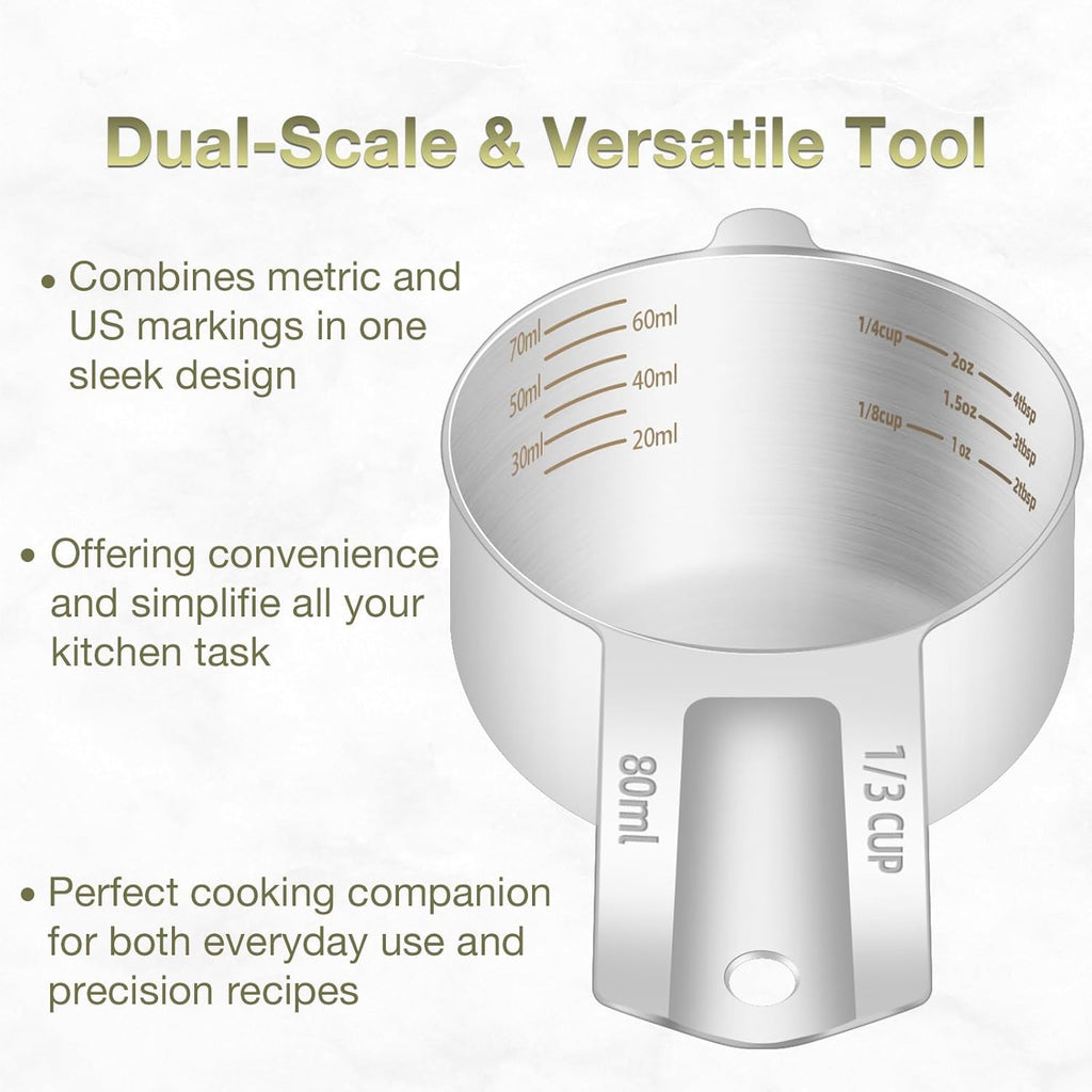2PCS 1/3Cup (80ml, 2.6oz) Single Measuring Cup, Etched Inner Scale Stainless Steel Measure Scoop, Metric and US Measurement, Dishwasher Safe