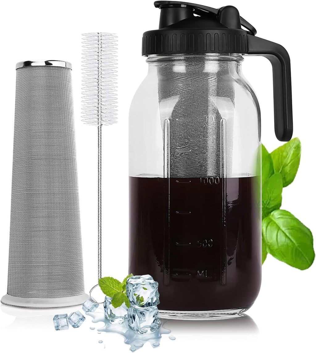 Cold Brew Coffee Maker - 64 Oz Heavy-Duty Glass Mason Jar Pitcher with Stainless Steel Filter, Leak-Proof Lid, Ergonomic Handle & Precision Pour Spout – Ideal for Iced Coffee, Tea, Cold Brew (Black)