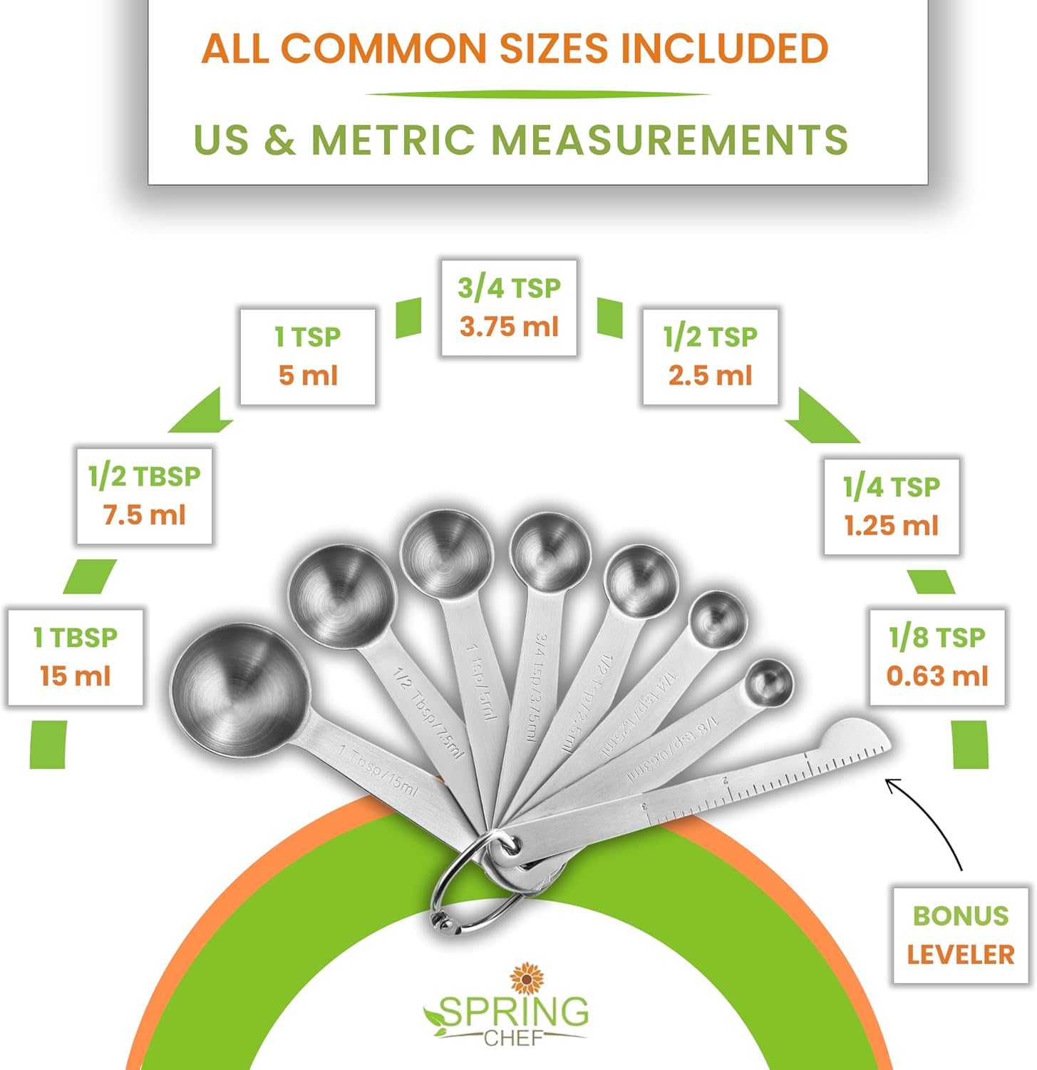 Spring Chef Stainless Steel Measuring Spoons Set of 8 with Leveler, Round Metal Teaspoon & Tablespoon Measuring Spoons - Nesting Kitchen Gadgets For Baking & Cooking, Dry & Liquid Ingredients