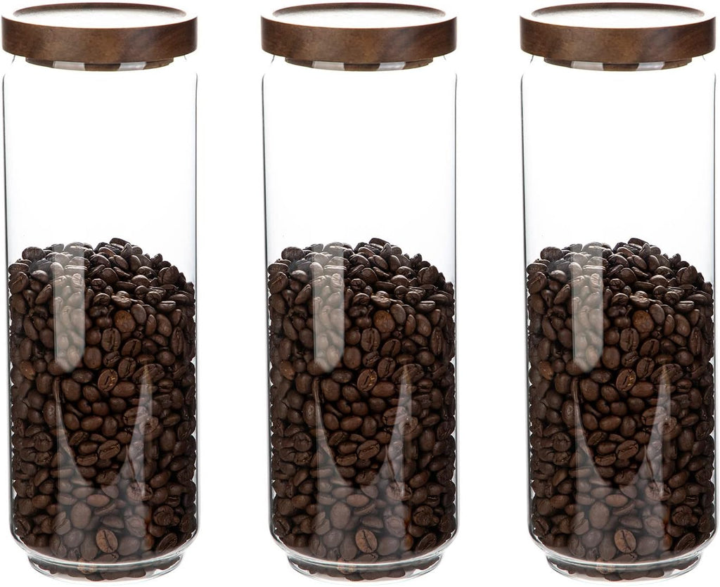 Glass Storage Jars with Wooden Lid Set of 3, 44 OZ High Borosilicate Glass Containers Kitchen Food Canisters s for Coffee Beans/Sugar/Noodles/Nuts/Cookies/Pasta