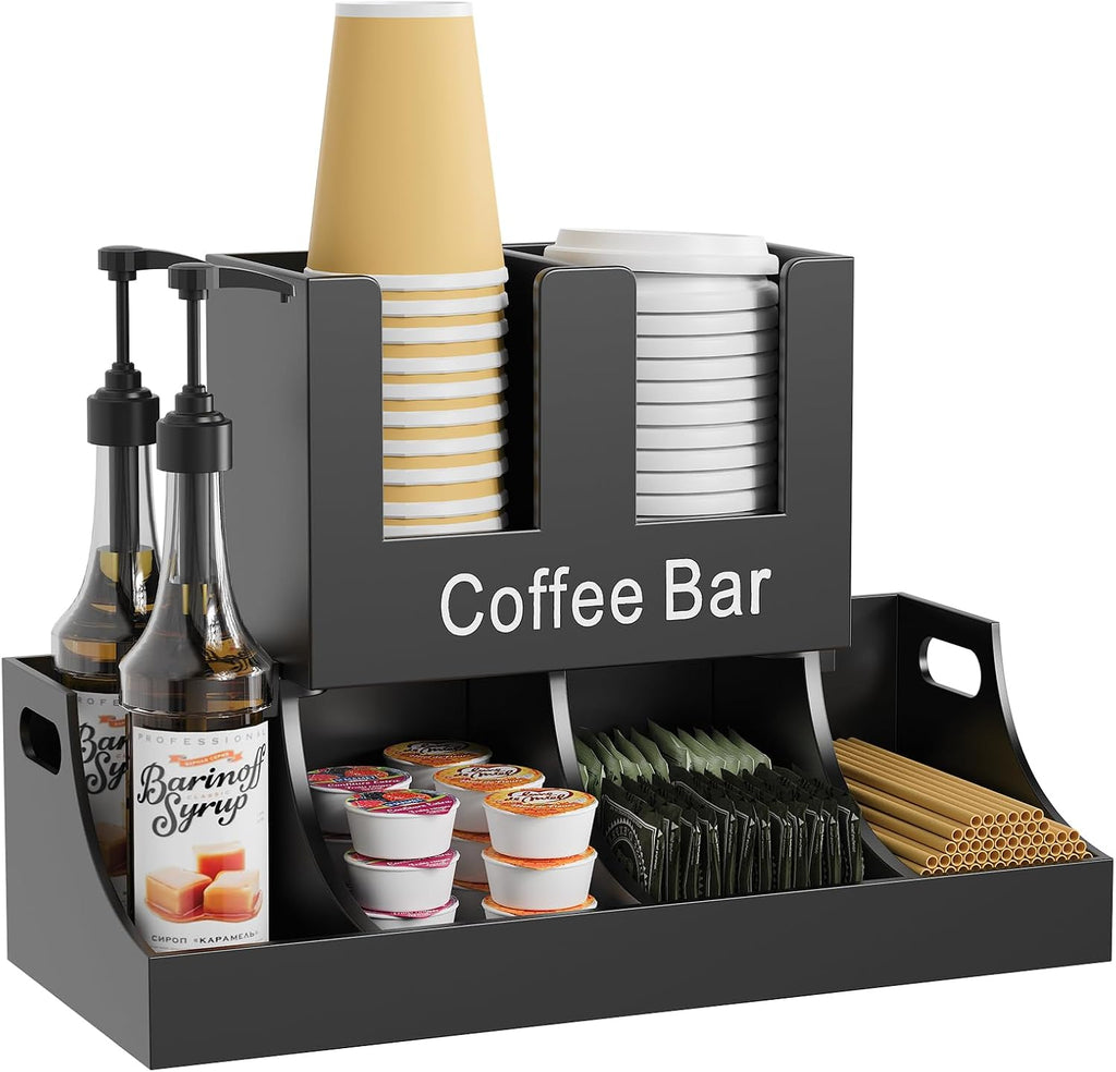 Coffee Station Organizer, Wooden Coffee Bar Organizer for Countertop, Condiment and Cup Storage Organizer, Bar Accessories for Kitchen, Office, Home, Black