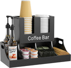 Coffee Station Organizer, Wooden Coffee Bar Organizer for Countertop, Condiment and Cup Storage Organizer, Bar Accessories for Kitchen, Office, Home, Black