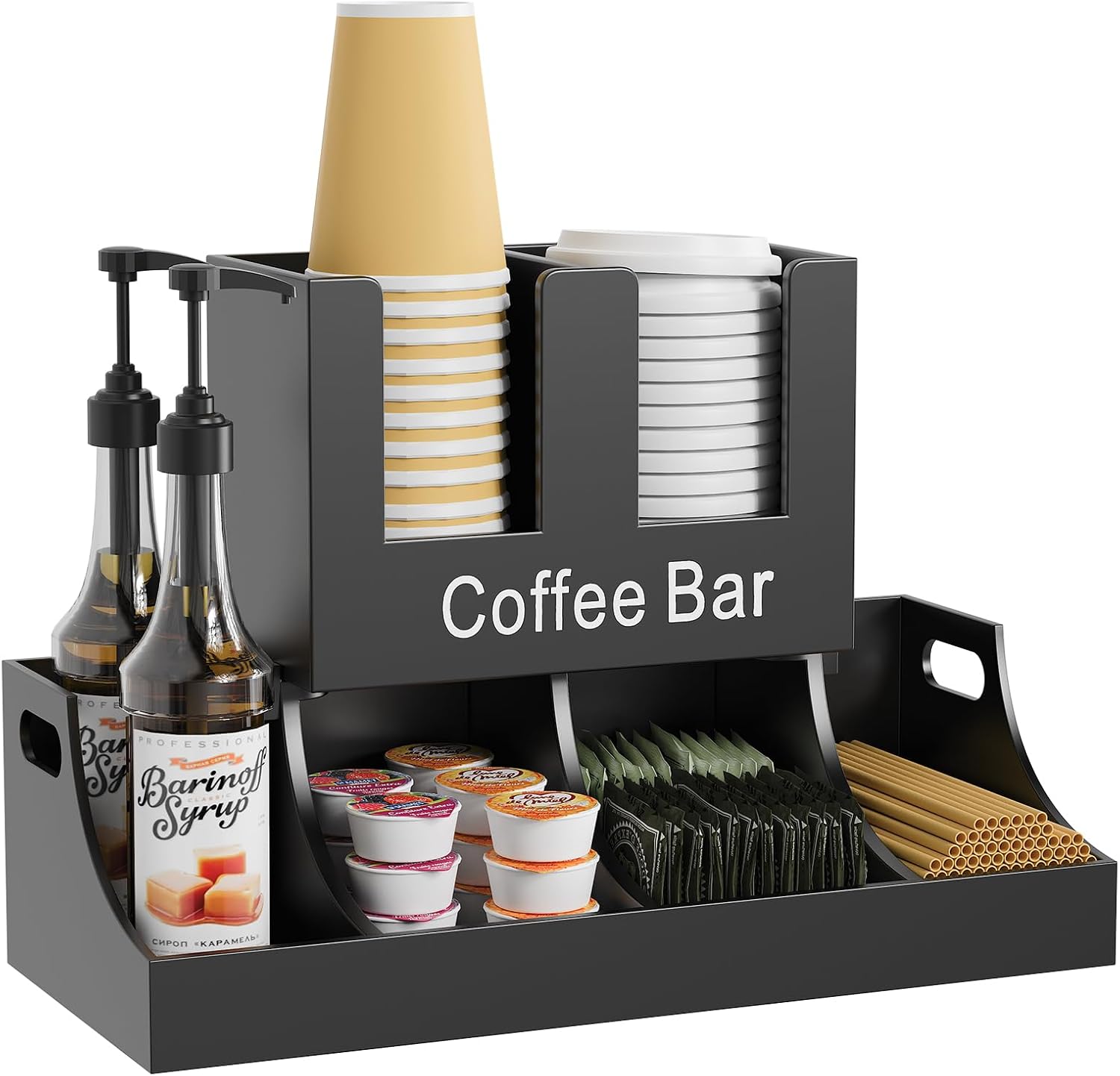 Coffee Station Organizer, Wooden Coffee Bar Organizer for Countertop, Condiment and Cup Storage Organizer, Bar Accessories for Kitchen, Office, Home, Black