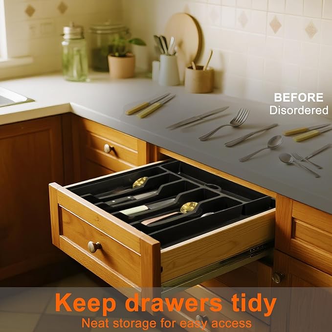 Silverware Organizer, Expandable Kitchen Drawer Organizer, Adjustable Cutlery Organizer, Forks, Knifes, Multipurpose Storage Divider(6-9 Slots), Large, Black
