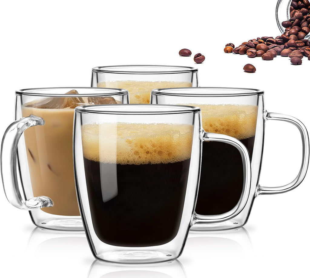 OJA Double Walled Glass Coffee Mugs Set of 4 12oz Hand Blown Clear Coffee Cup with Handle for Cappuccino, Tea Cups, Latte Espresso American Insulated, Heat Resistant Borosilicate Glass