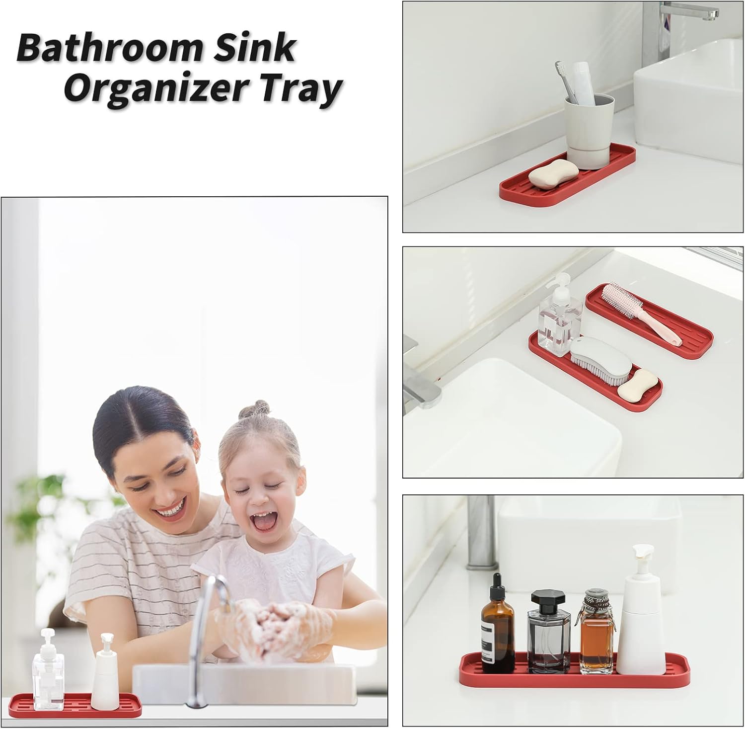 Silicone Kitchen Sink Organizer Tray for Multiple Usage,Eco-Friendly Sponges Holder for Kitchen Bathroom Counter or Sink,Dish Soap Dispenser,Scrubber,Bottle,Cup (Red, 12"×4")