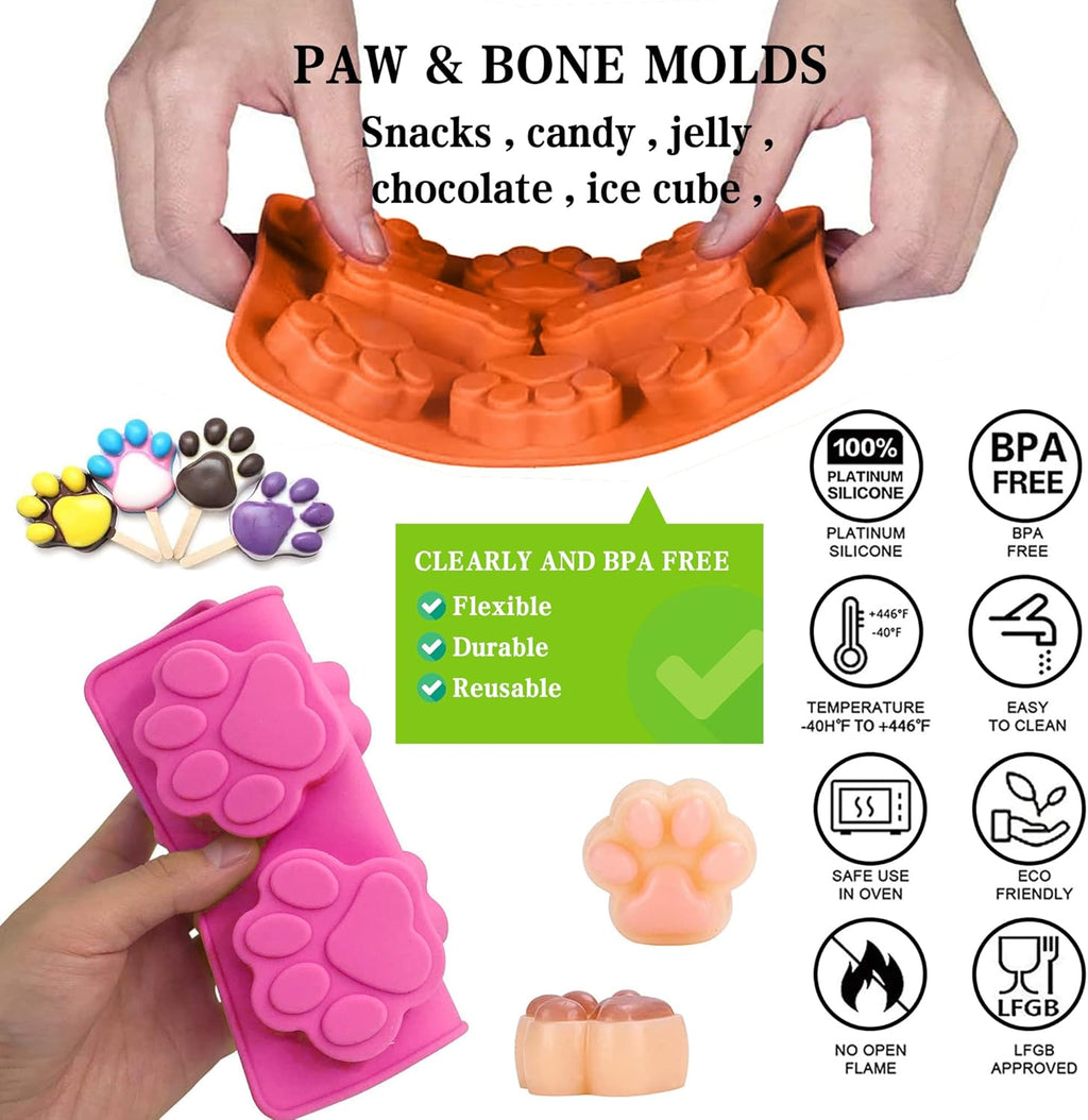 Puppy Dog Paw and Bone Silicone Molds, 2-in-1 and 6-in-a-row Dog Paw Molds,Non-Stick Food Grade,for Chocolate, Candy, Pudding, Jelly, Dog Treats-Set of 6 Pcs