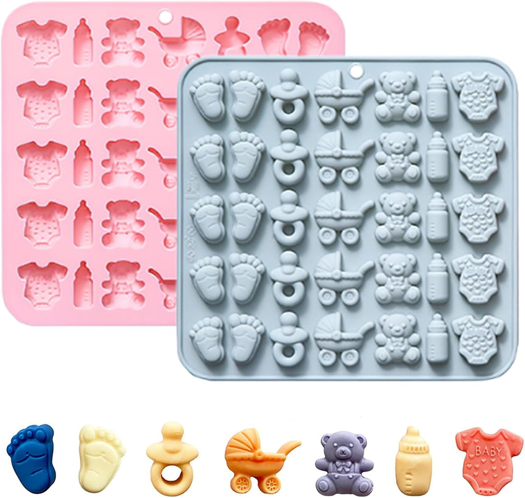 2 Pcs Baby Shower Chocolate Molds, 35 Cavity Baby Feet Mini Molds Baby Bottle Pacifier Baby Onesie Baby Carriage Bear Molds for Baby Shower Party Cake Decoration Cupcake Topper