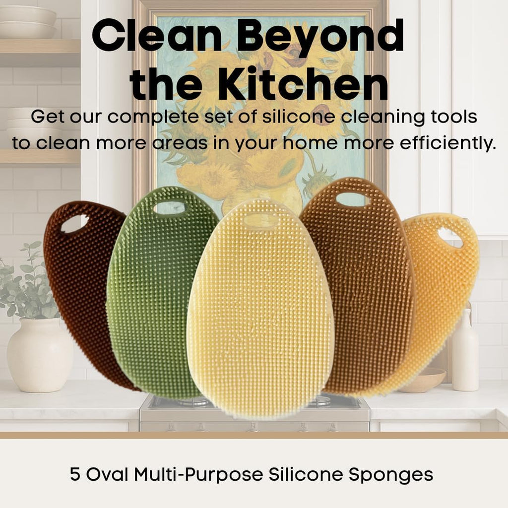 Silicone Sponge Dish Scrubber - Food Grade and Housecleaning - BPA Free Silicone Kitchen Scrubber [5 Pack Ovals Fall]