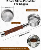 58mm Bottomless Portafilter For Gaggia, 2 Ears Slim Naked Portafilter Fits Gaggia Espresso Coffee Machines with Stainless Steel Head and 18g Filter Basket and Puck Screen - Rosewood Handle