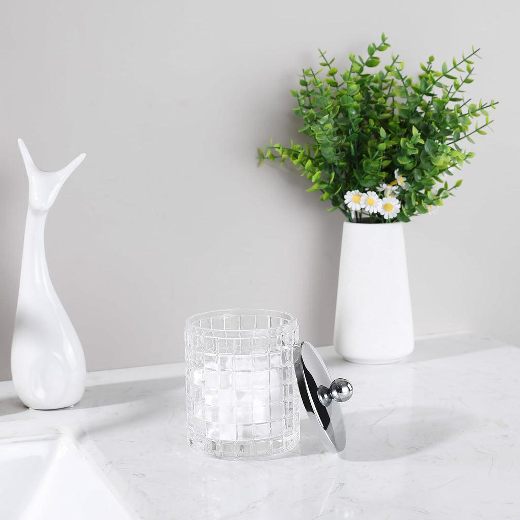 Glass Cotton Jar Holder Silver Lid, Elegant Bathroom Storage Canister for Qtips, Cotton Balls, Floss, Makeup Organizer, Vanity Bathroom Organization