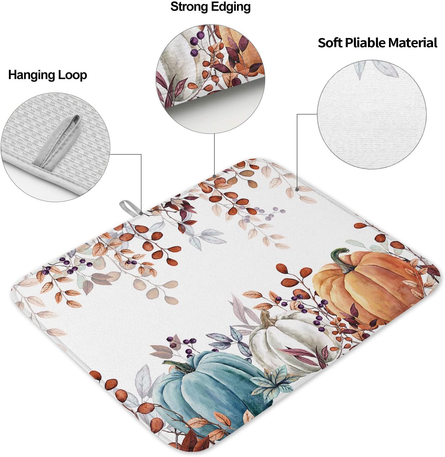 Fall Dish Drying Mat for Kitchen Counter Pumpkin Drying Pad Absorbent Drying Mats for Countertops Sinks Draining Racks Autumn Eucalyptus Leaves Drainer Holiday Harvest Thanksgiving Decorations 18x24