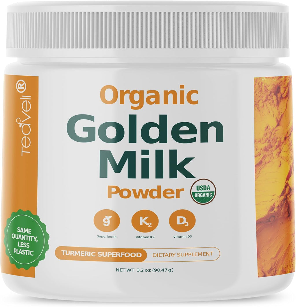 Organic Golden Milk Powder with Vitamins D3 & K2, Turmeric, Ginger, Curcumin, Cinnamon, KSM66 Ashwagandha, Holy Basil & Natural Prebiotics– Delicious Unsweetened Turmeric Tea Latte- 30 Servings