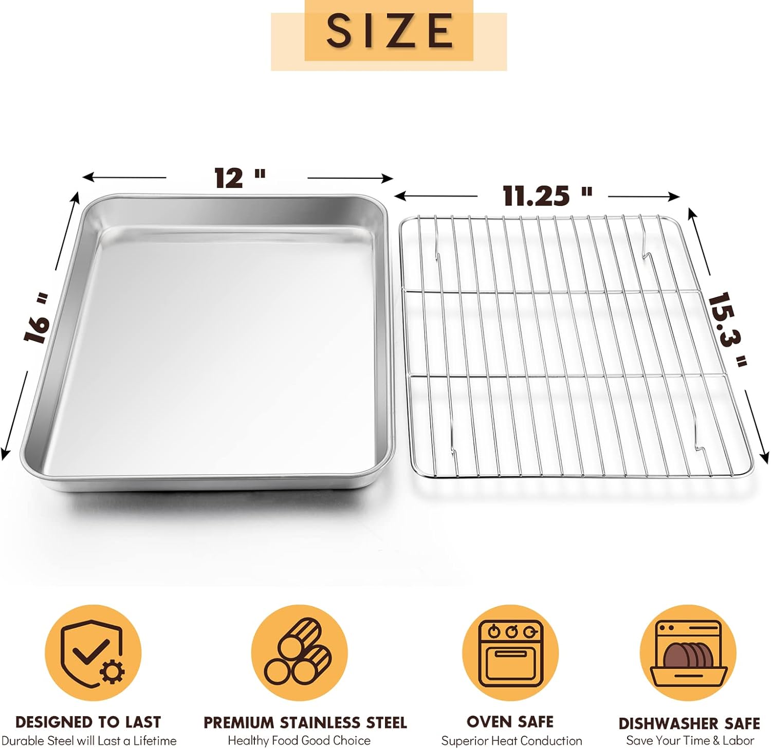 Baking Sheet with Rack Set, E-far 16”x12” Stainless Steel Cookie Sheet Pan for Oven, Rimmed Metal Tray with Wire Cooling Rack for Cooking Roasting Resting Bacon Meat Steak - Dishwasher Safe