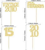Gyufise 24Pcs Sweet 15 Cupcake Toppers Glitter Fifteen Vintage 2010 15th Birthday Cupcake Picks Hello 15 Years Birthday Cake Decorations for Happy 15th Anniversary Party Supplies Gold