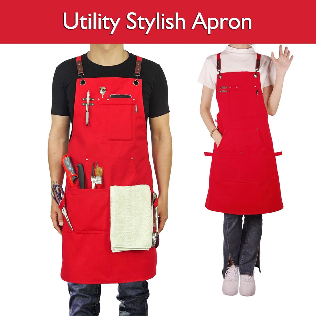 Kitchen Apron, Work Apron, Canvas, Multiple Pockets, Gardening, Painting, BBQ, Artist, Carpenter, Sizes M to XXL, Red