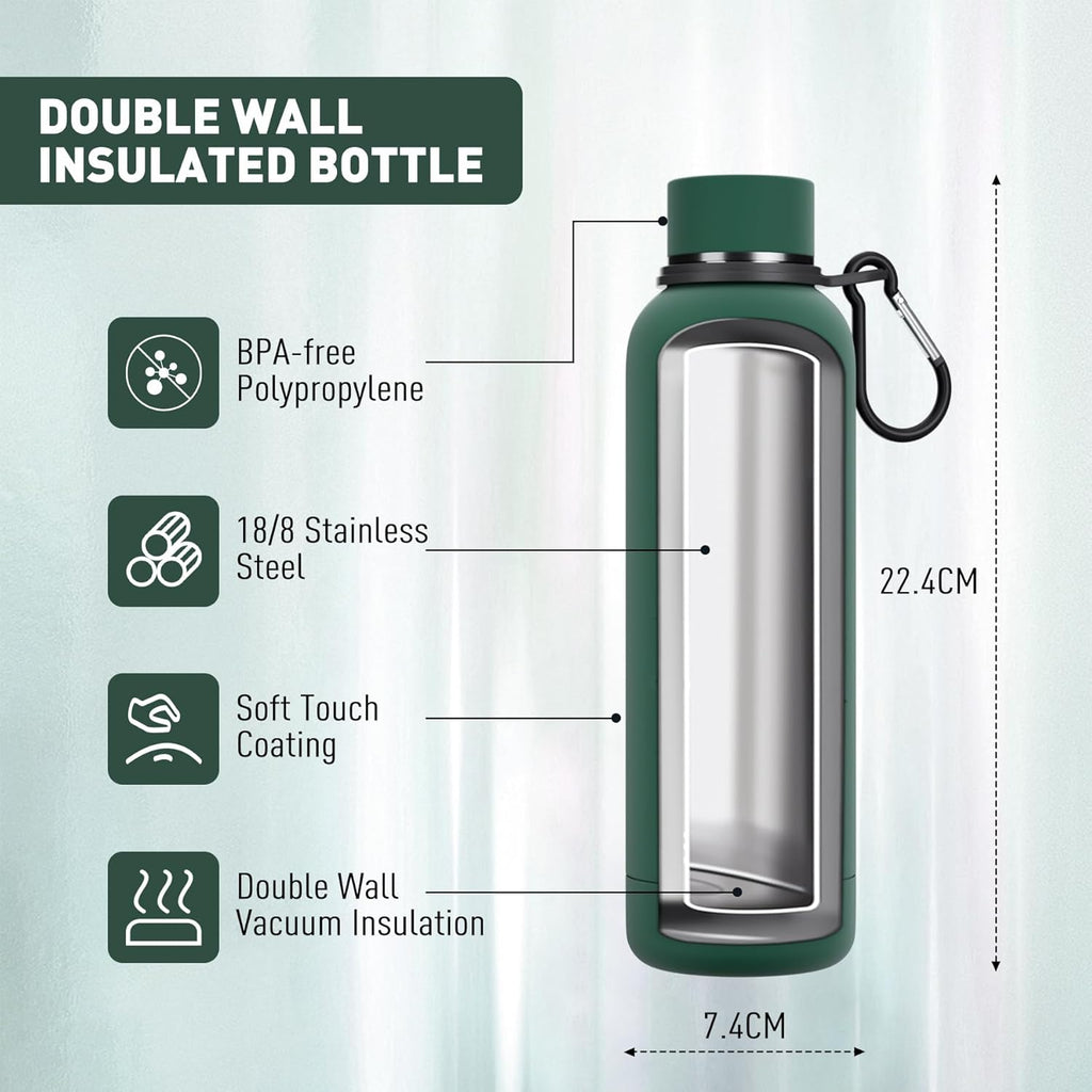 Slim Insulated Water Bottles for Travel 18oz with Clip, Double Wall Vacuum Stainless Steel Water Bottle Keeps Drinks Cold 24 Hrs/Hot 12 Hrs, 100% Leakproof, BPA Free(Emerald Green)