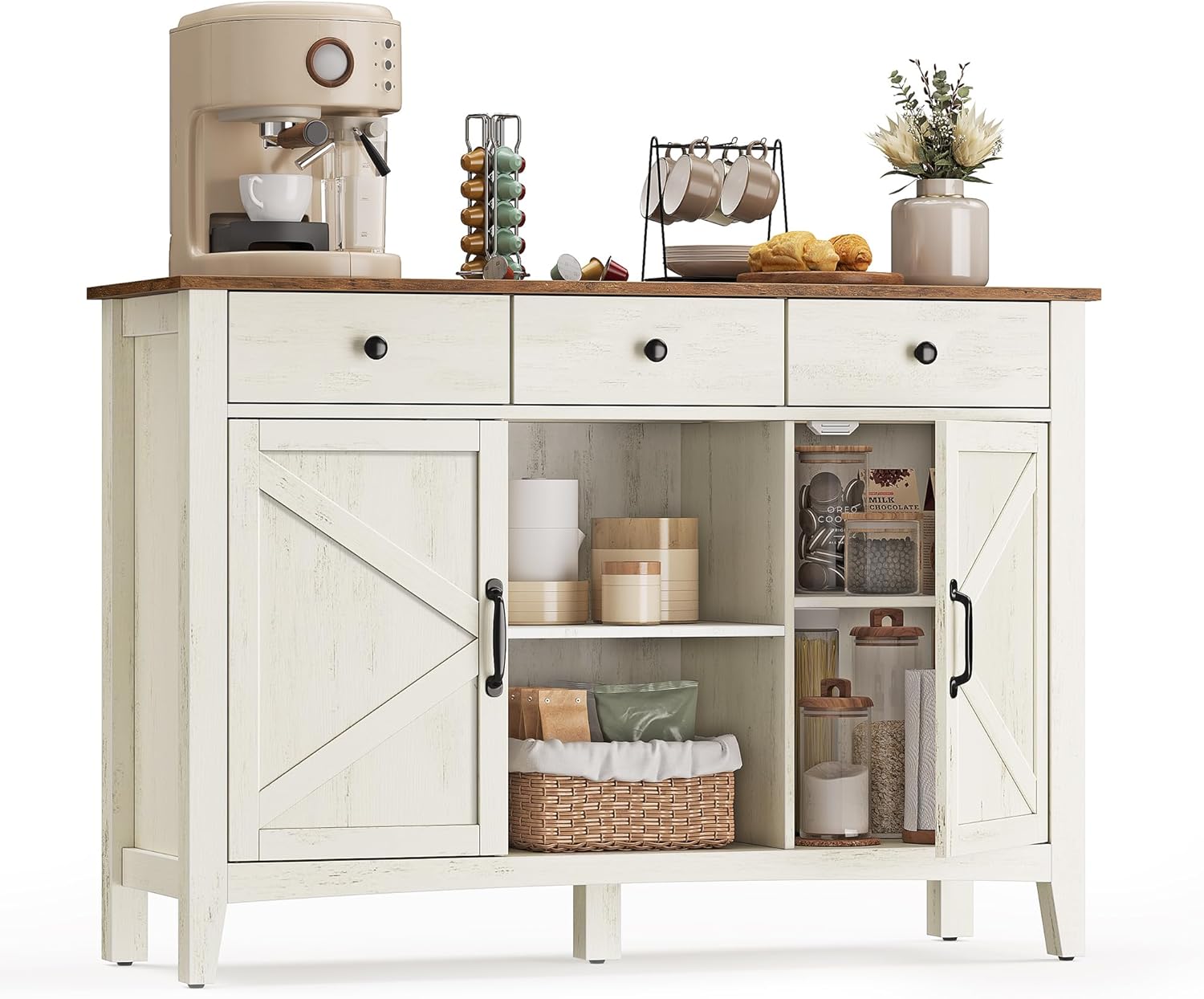 VASAGLE LIRY Collection - Buffet Cabinet, Coffee Bar Cabinet with 3 Drawers, Adjustable Shelves, Sideboard Storage with Cable Holes, Drawer Dividers, Rustic White and Honey Brown UBBK371W01V1