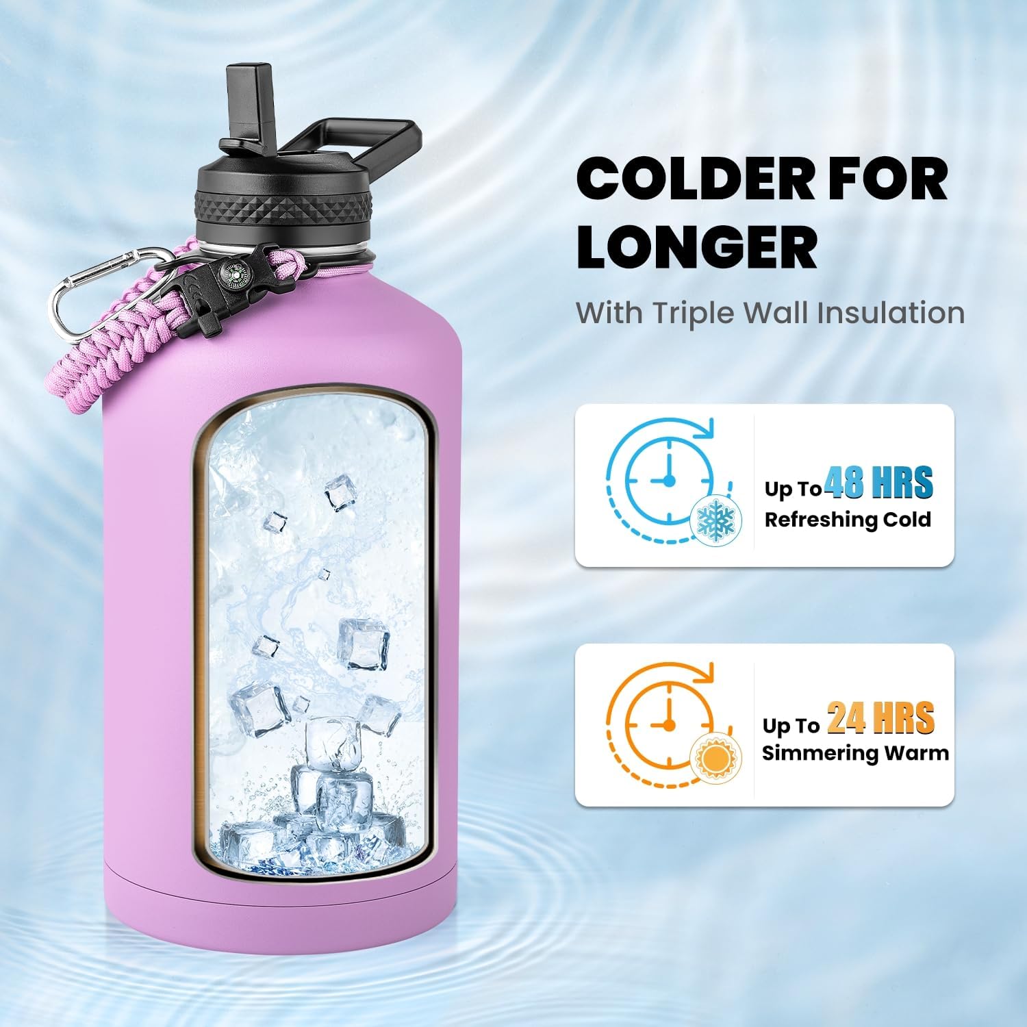 One Gallon Water Bottle Insulated, Triple Walled Vacuum Stainless Steel (Cold for 48 Hrs), Leak Proof & Non-BPA, Large Water Flask Jug with Paracord Handle & Straw Spout Lids