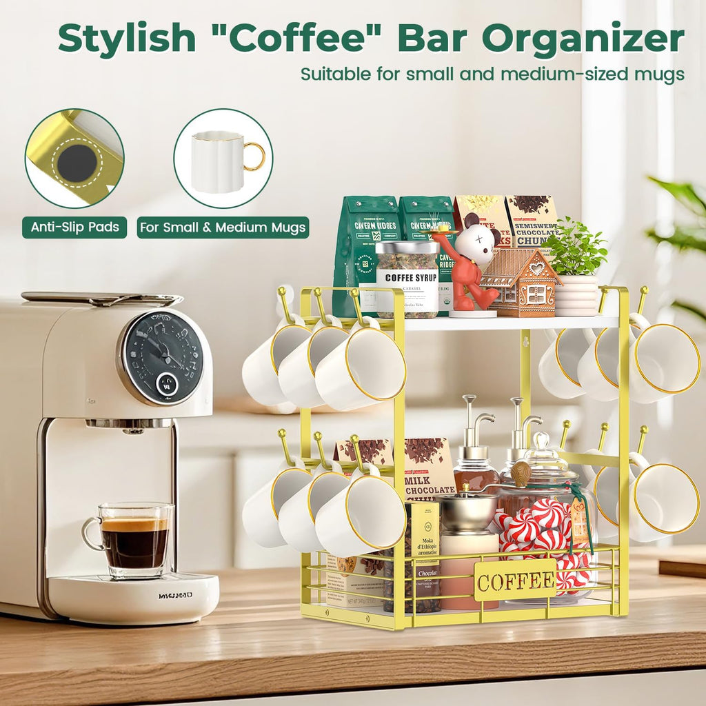 EsLuker.ly Coffee Bar Station Organizer Mug Cup Holder Stand for Countertop, Multi-Functional 2 Tier Mug Tree Rack for Kitchen, Storage Shelf with 12 Hooks, White-Gold