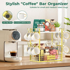 EsLuker.ly Coffee Bar Station Organizer Mug Cup Holder Stand for Countertop, Multi-Functional 2 Tier Mug Tree Rack for Kitchen, Storage Shelf with 12 Hooks, White-Gold