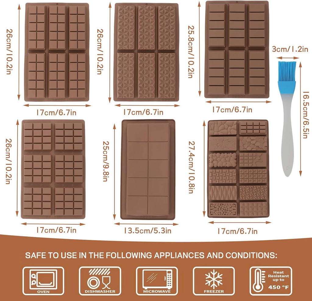 6-Piece Set Dubai Chocolate Bar Mold, Non-Stick Chocolate Molds Silicone, 100% Food Grade Silicone Candy Bar Mold, Changeable Shapes, Easy to Demould, for Pistachio Wax Melting Rectangle, with Brush*1