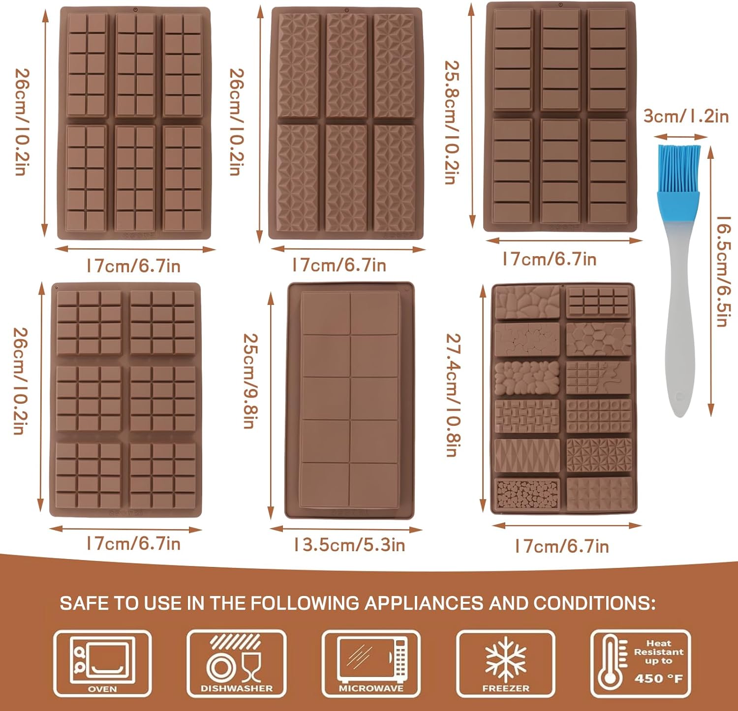 6-Piece Set Dubai Chocolate Bar Mold, Non-Stick Chocolate Molds Silicone, 100% Food Grade Silicone Candy Bar Mold, Changeable Shapes, Easy to Demould, for Pistachio Wax Melting Rectangle, with Brush*1