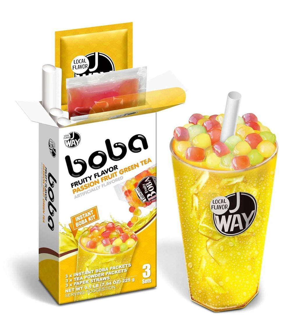 J WAY Instant Passionfruit Pineapple Green Tea Kit with Authentic Fruity Colorful Tapioca Boba, Ready in Under One Minute, Paper Straws Included - 3 Servings