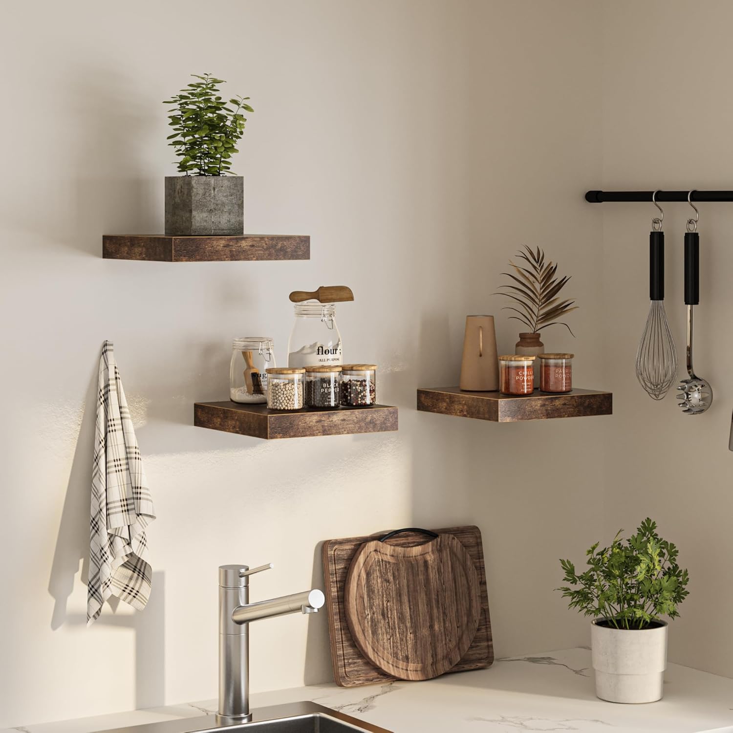 Square Floating Shelves for Wall, 12"W x 12"D x 1.2"H, Small Wooden Wall Mounted Display Shelf with Invisible Brackets for Living Room, Bedroom, Bathroom, Kitchen Decor, Set of 3, Rustic Brown