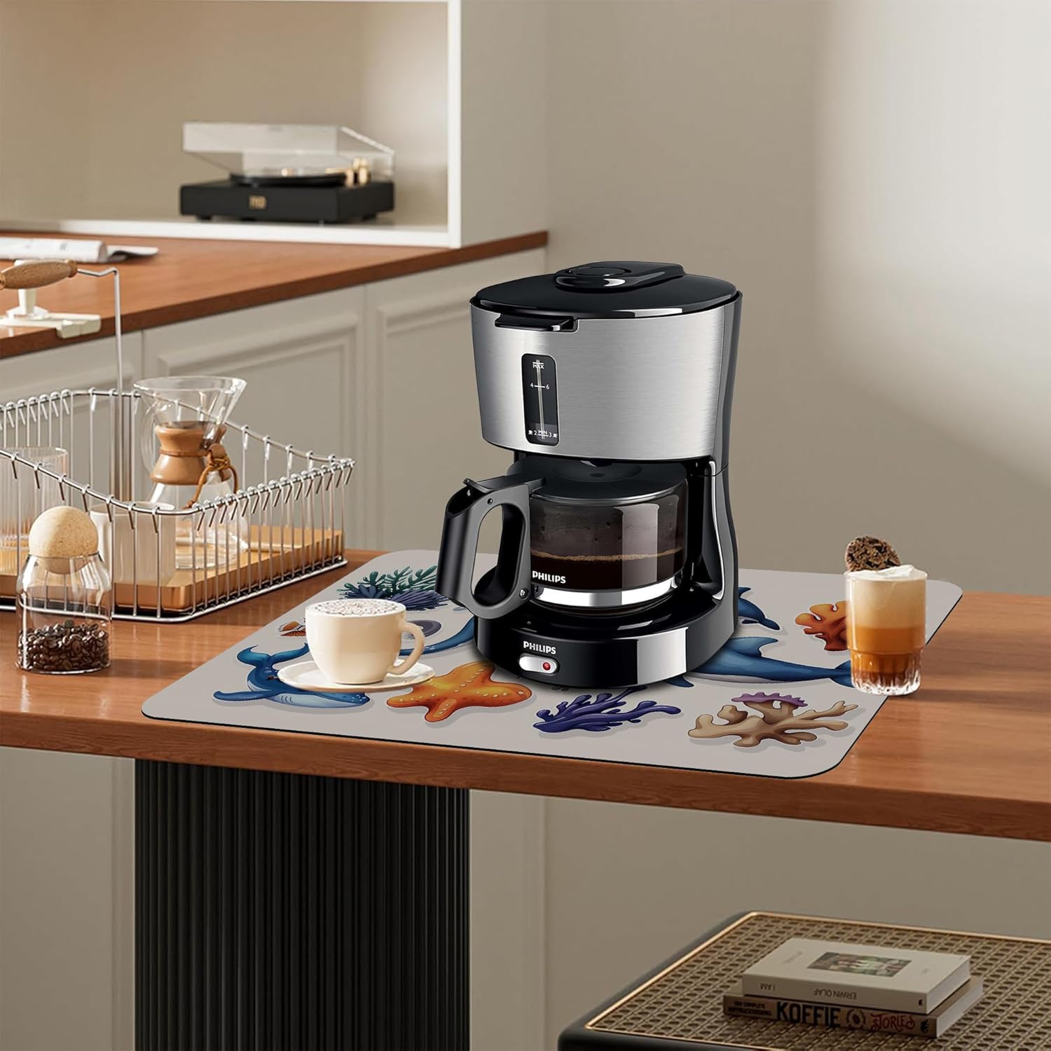 Sea Animals Dish Drying Mat Dolphins Starfish Anemones Kitchen Mat 16"x24" Bsorbent Coffee Maker Mat for Dishes,Utensils Coffee Maker Pots and Pans Easy Clean Dish Slip Resistant Pad