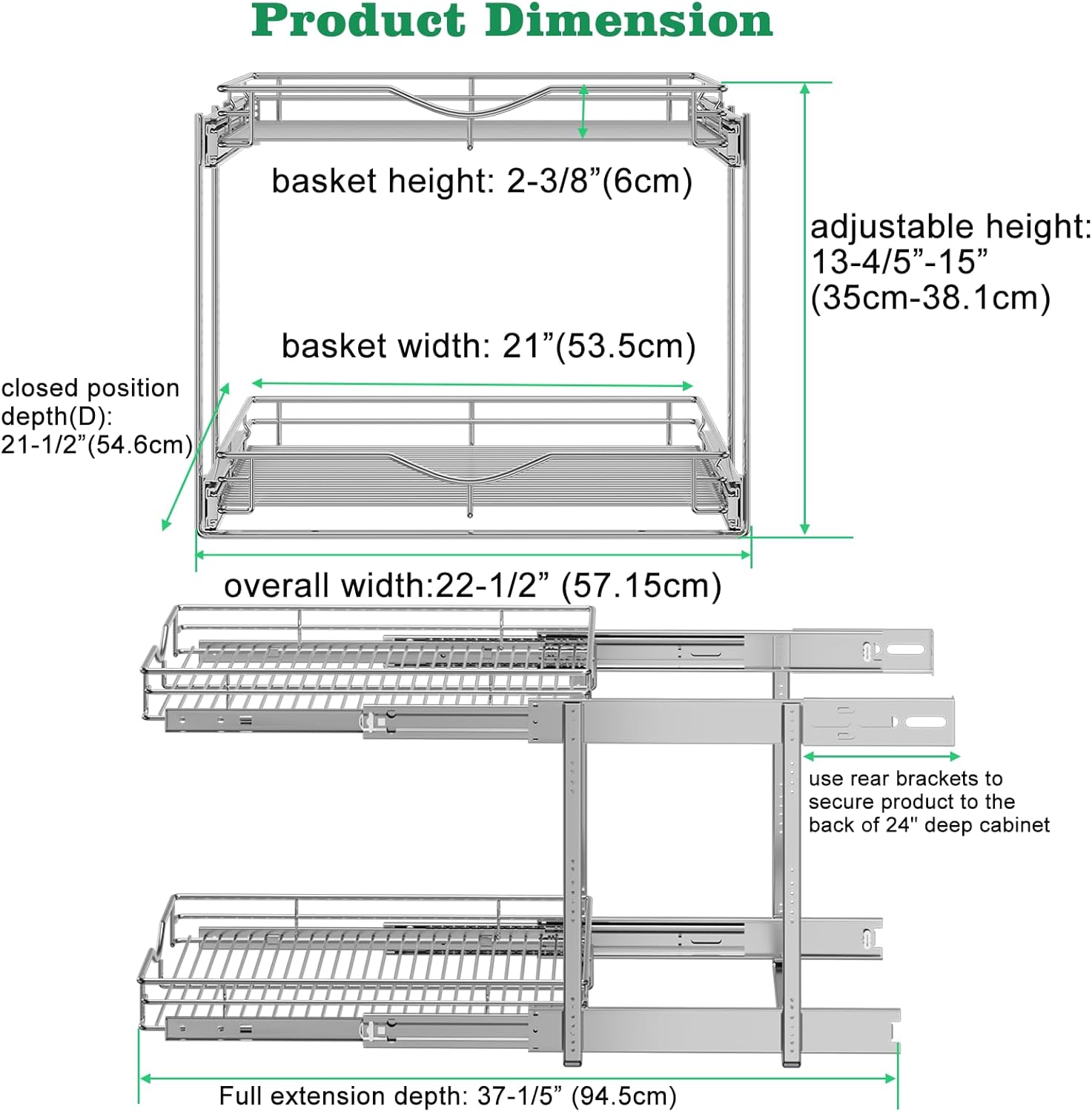 DINDON Pull Out Cabinet Organizer (22-1/2" W x 21-1/2"D), Cabinet Pull Out Shelves, 2 Tier Pull Out Drawers for Kitchen Cabinets, Wire Basket Slide Out Shelf, Pot and Pan Organizer