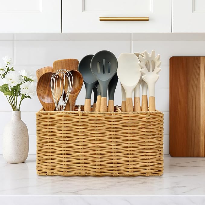 Extra Large Cooking Utensil Holder for Kitchen Counter Utensils Storage Organizer Caddy for Countertop Spatula Holder Big Utensil Crocks Jar Wicker Kitchen Tool Table Holders Decor Accessories