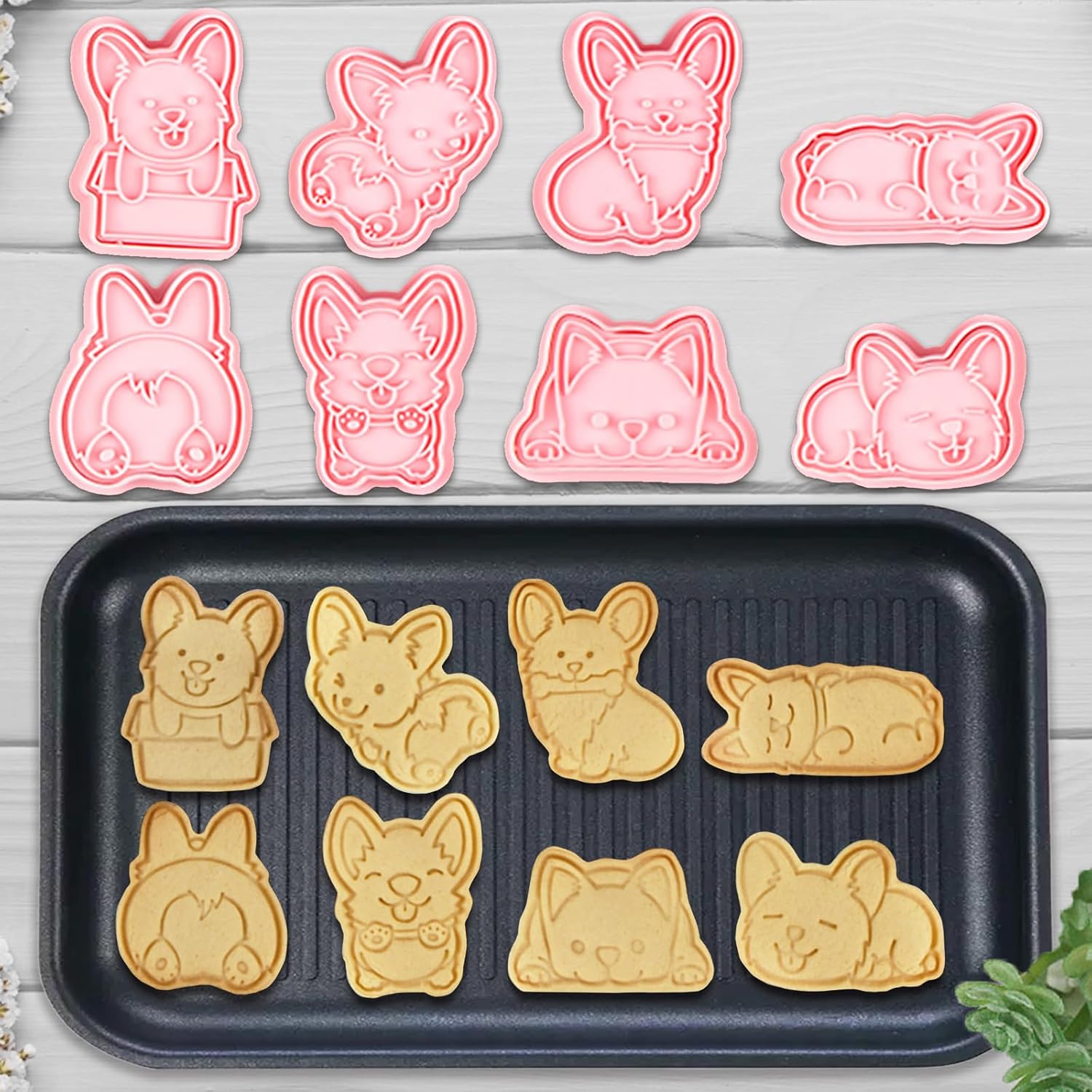 8 Corgi Dog Cookie Cutters Set, 3D Puppy Cookie Stamps, Cupcake Pancake Apple Pie Pastry Biscuit Molds, Cookie Baking Molds for Dog Party Decorations (Corgi)