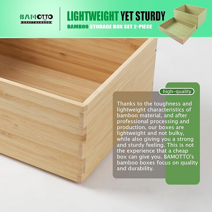 2-Piece Large Bamboo Storage Box Set, 7.1 in High Stackable Deep-Drawer Organizer for Kitchen Cutlery, Utensils & Knives, Lidless Wooden Bin for Homes & Offices (14.6"x10.2"x7.1"+14.6"x10.2"x3.1")
