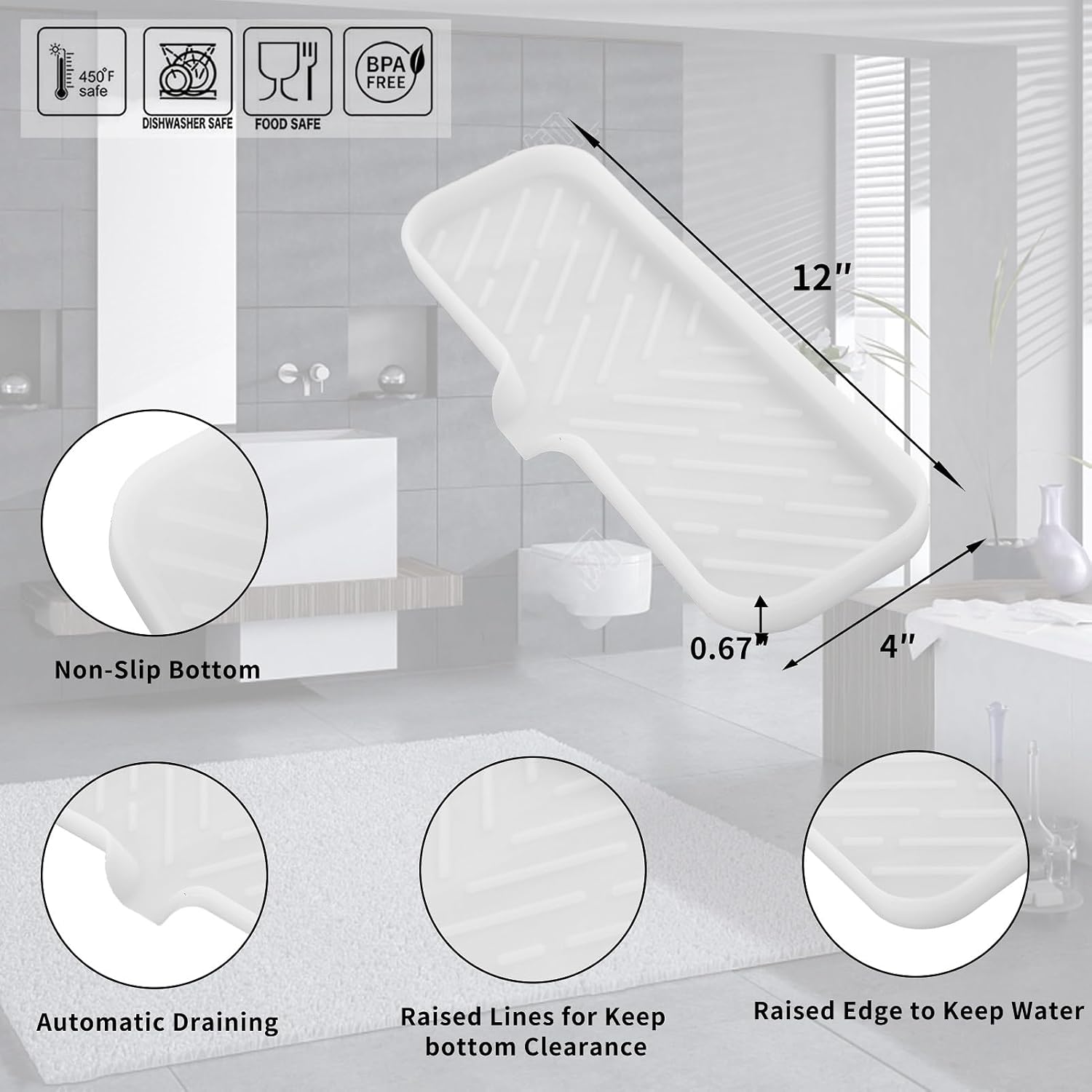 Silicone Bathroom Soap Dishes with Drain Spout-Bathroom and Kitchen Sink Organizer,Sponge Holder,Dish Soap Tray,Perfect for Dispenser,Scrubber,Bottle,Cup on Sink or Counter-Translucent 12"×4"